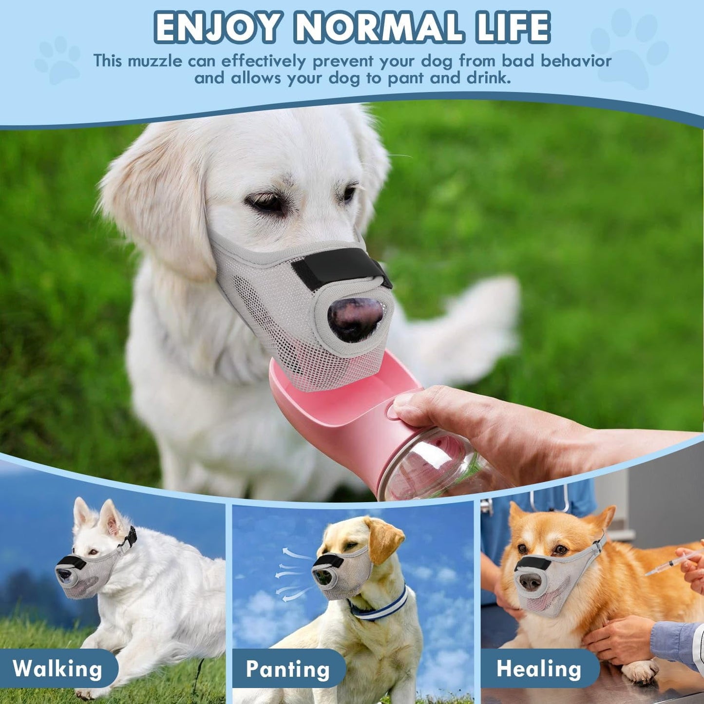 Soft Mesh Muzzle for Small to Large Dogs, Breathable & Drinkable, Adjustable Anti-Fall Bite Muzzle,Gray M