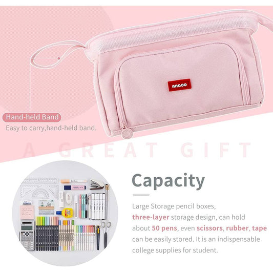 Ameitech Pencil Case,Large Capacity Pencil Pouch Handheld Pen Bag,School Supplies for Teen Girls,Pink
