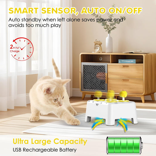 2-in-1 Interactive Cat Toys for Indoor Cats,Automatic Kitten Toy,4 Holes Mole,Rotating Feather, Rechargeable USB Interactive Cat Feather Toys for Bored Indoor Cats