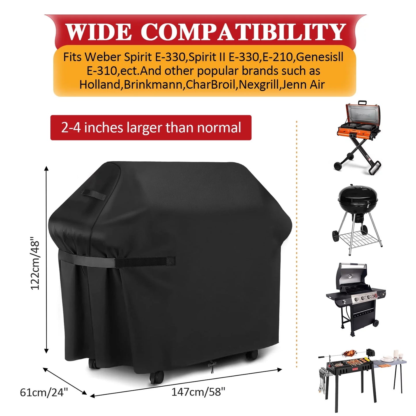 Grill Cover for Outdoor Grill,BBQ Grill Cover,Waterproof,Weather Resistant,Rip-Proof,Anti-UV,Fade Resistant,with Adjustable Velcro Strap,Gas Grill Cover for Weber,Char Broil,Nexgrill Grills,58"