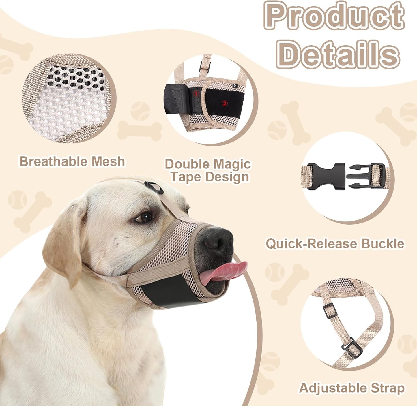 Dog Muzzles for Large Dogs - Air Mesh Muzzle for Large Sized Dog,Adjustable No Bark Dogs Muzzles for Scavenging Licking & Chewing,Prevent Biting,Khaki XL