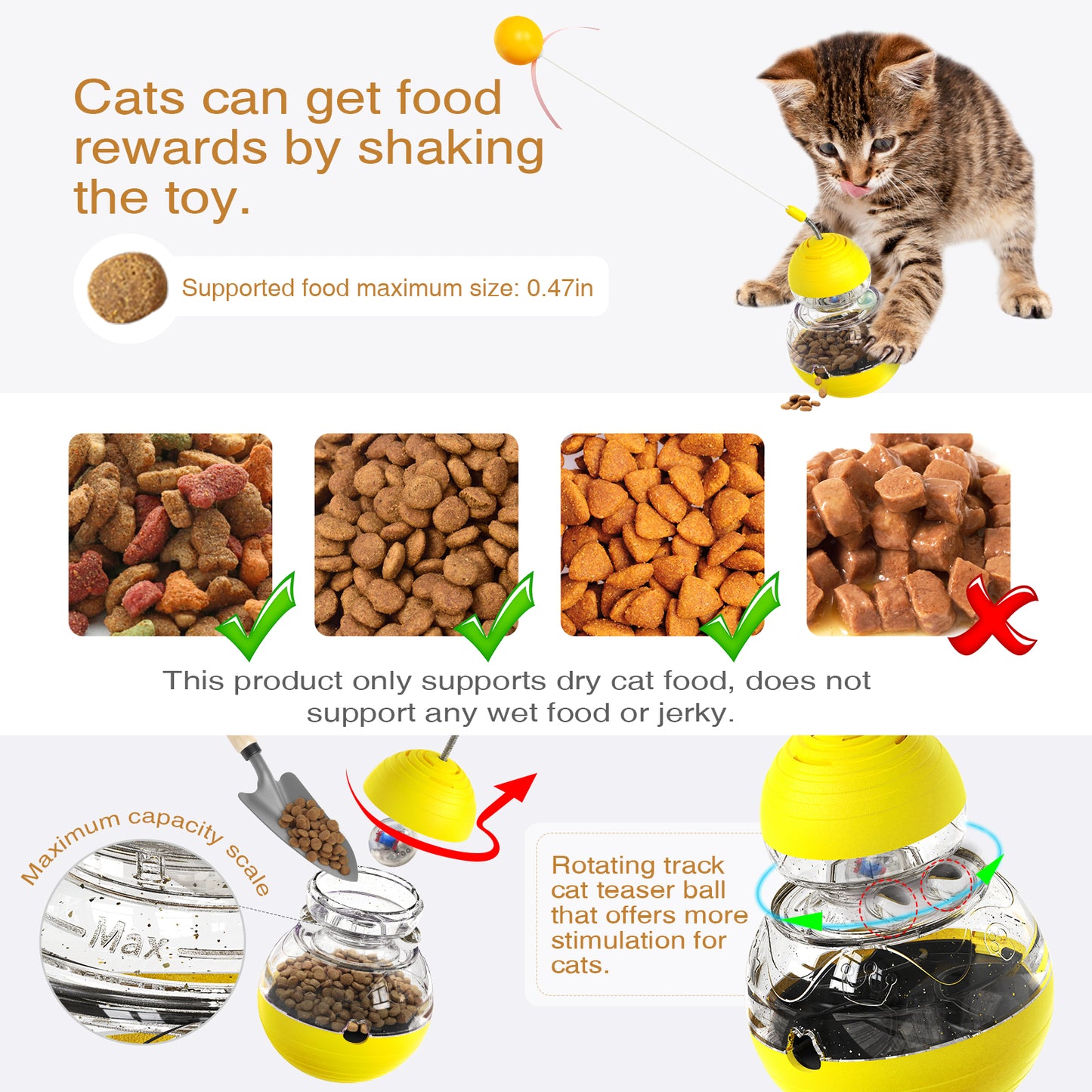 Interactive Cat Toys for Indoor Cats,Tumbler Toy for Kitten Tracking Balls Treat Dispenser for Bored Cat to Chase and Exercise-Yellow