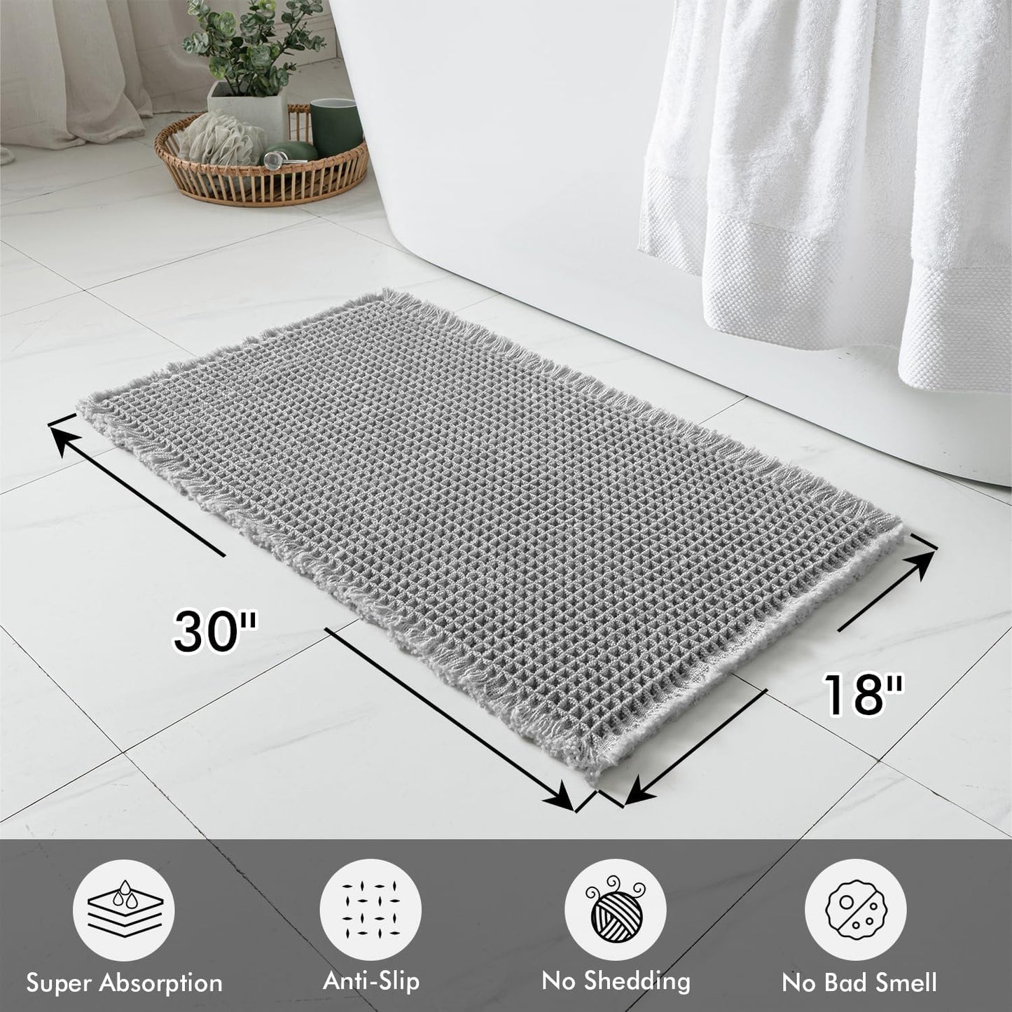 Waffle Bath Mat Rug, Super Absorbent Non Slip Bath Mats for Bathroom Mat ,Machine Washable Bathroom Rugs with Tassels, Bath Rugs for Bathroom Floor Beside Tub, Gray 18" x 30"