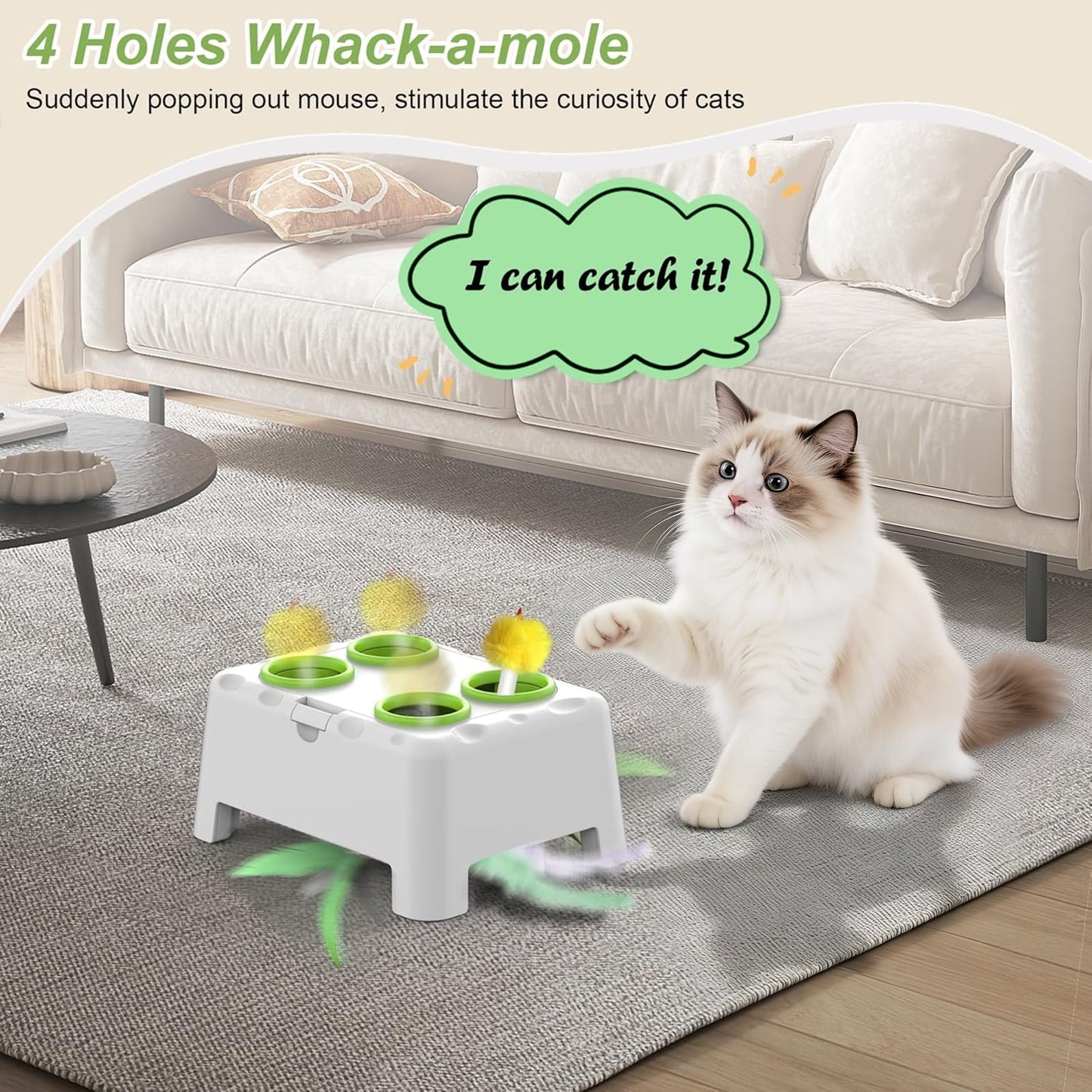 Cat Toys, Interactive Cat Toys, 2-in-1 Automatic Cat Toy, 4 Holes Mice Whack A Mole Cat Mouse Toy with Moving Feather, Portable USB Rechargeable Electronic Kitten Toys,Green