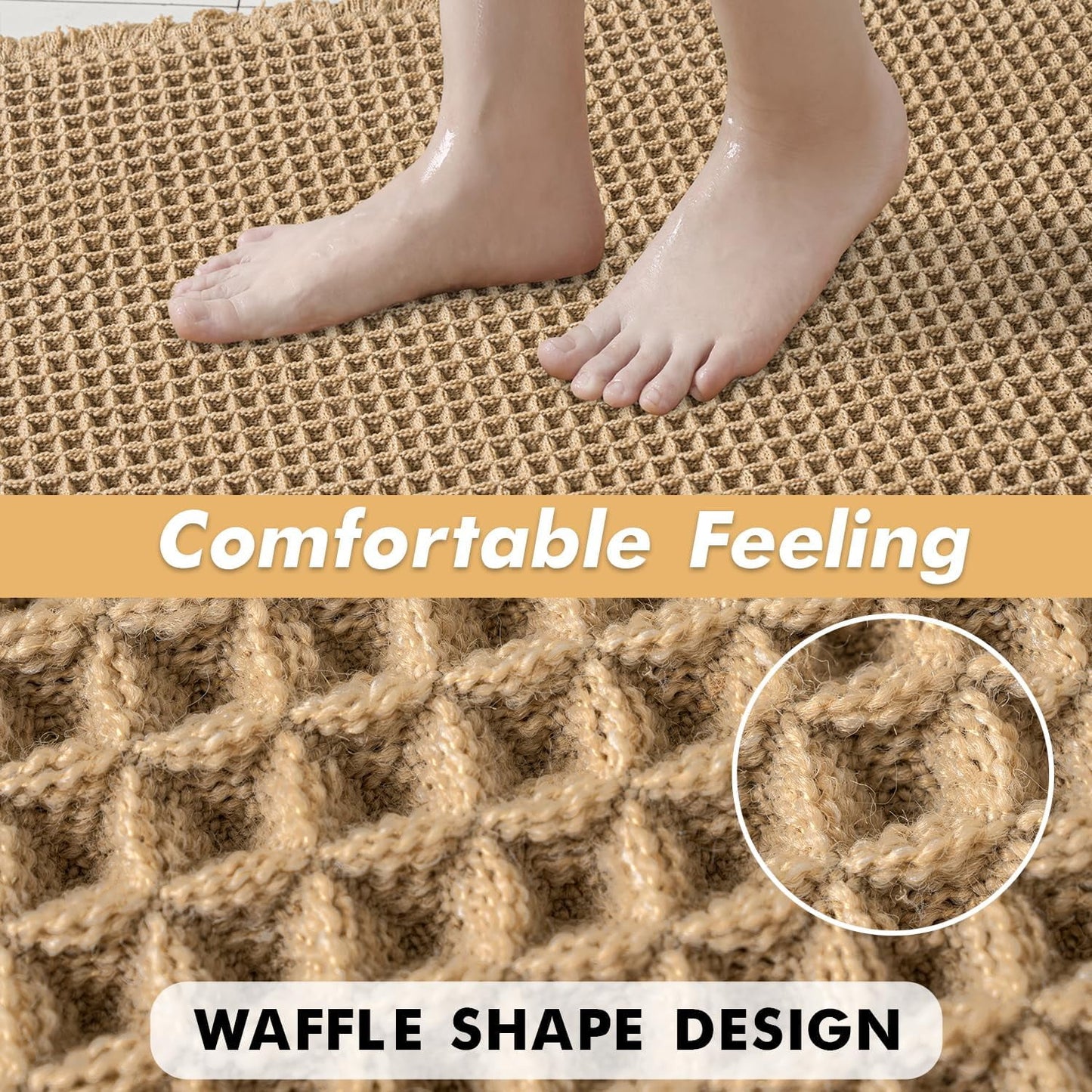 Waffle Bath Mat,Absorbent Non Slip Bathroom Rug,Khaki 24x36inch,Machine Washable Ultra Soft Floor Mats