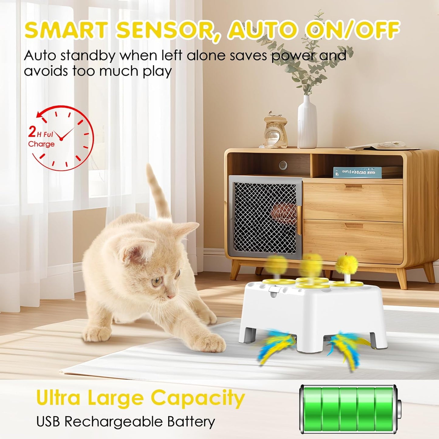 2-in-1 Interactive Cat Toys for Indoor Cats,Automatic Kitten Toy,4 Holes Mole,Rotating Feather, Rechargeable USB Interactive Cat Feather Toys for Bored Indoor Cats