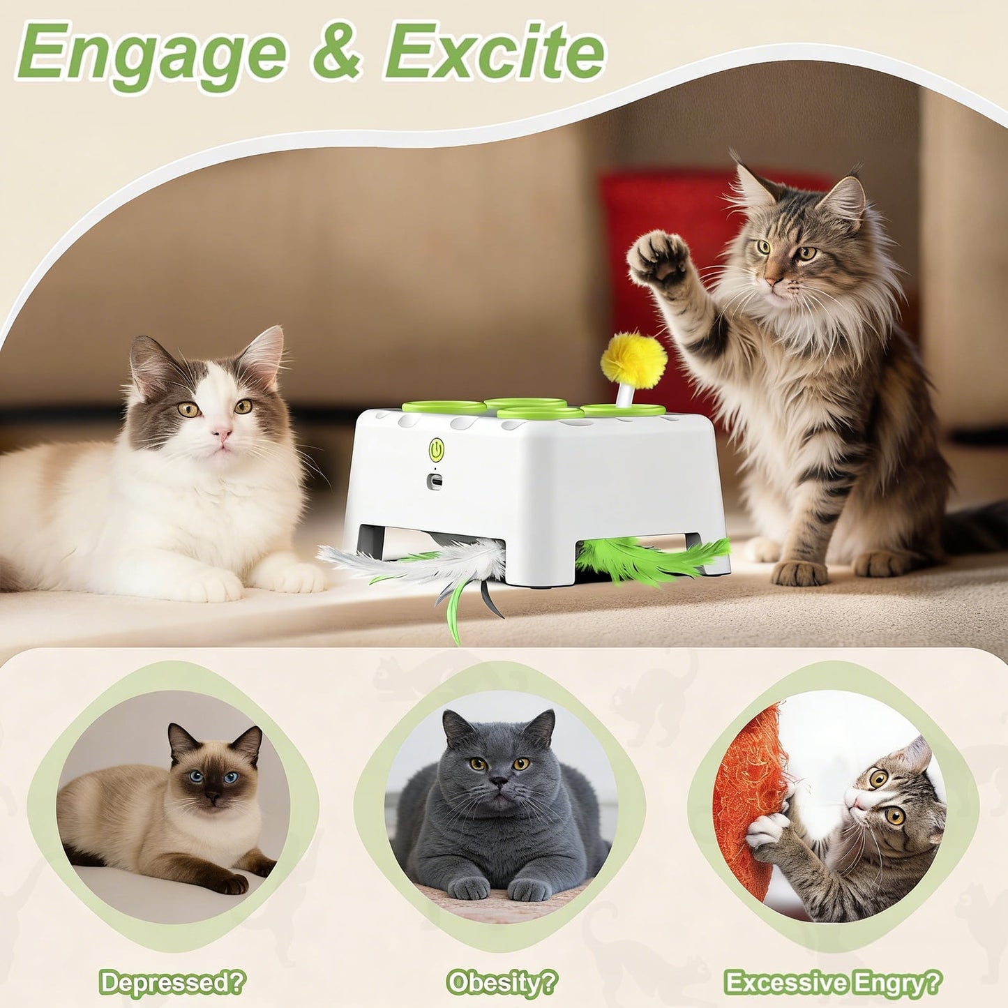 Cat Toys, Interactive Cat Toys, 2-in-1 Automatic Cat Toy, 4 Holes Mice Whack A Mole Cat Mouse Toy with Moving Feather, Portable USB Rechargeable Electronic Kitten Toys，Green