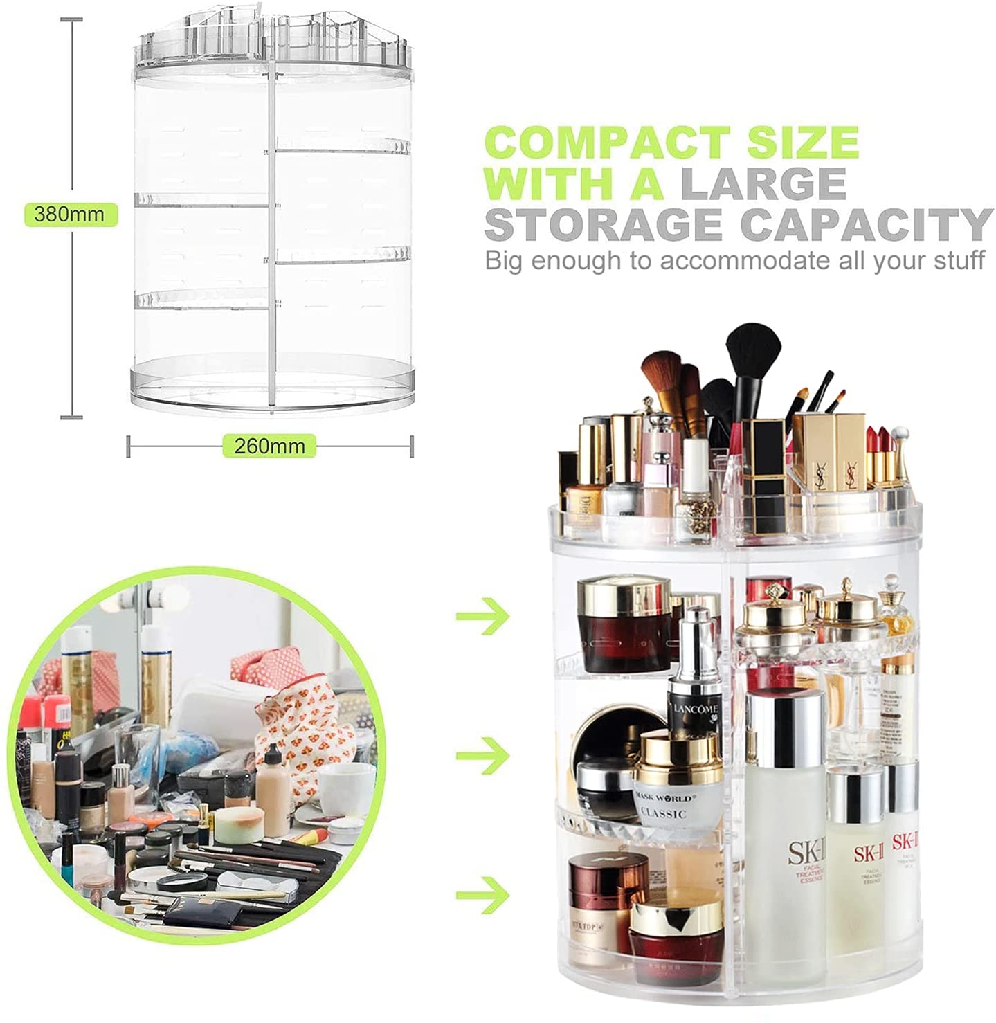 360° Rotating Makeup Organizer, Spinning Bathroom Organizer Countertop, Cosmetic Organizer Makeup Holder Shelf, Make Up Organizers and Storage for Bedroom
