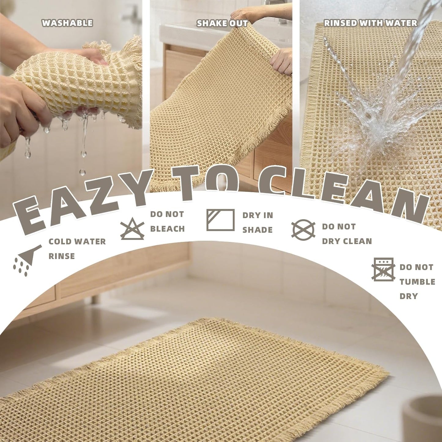 Waffle Bath Mat Rug, Absorbent Non Slip Bath Mats for Bathroom Mat，Machine Washable Bathroom Rugs with Tassels, Bath Rugs for Bathroom Floor Beside Tub, 18" x 30",Beige