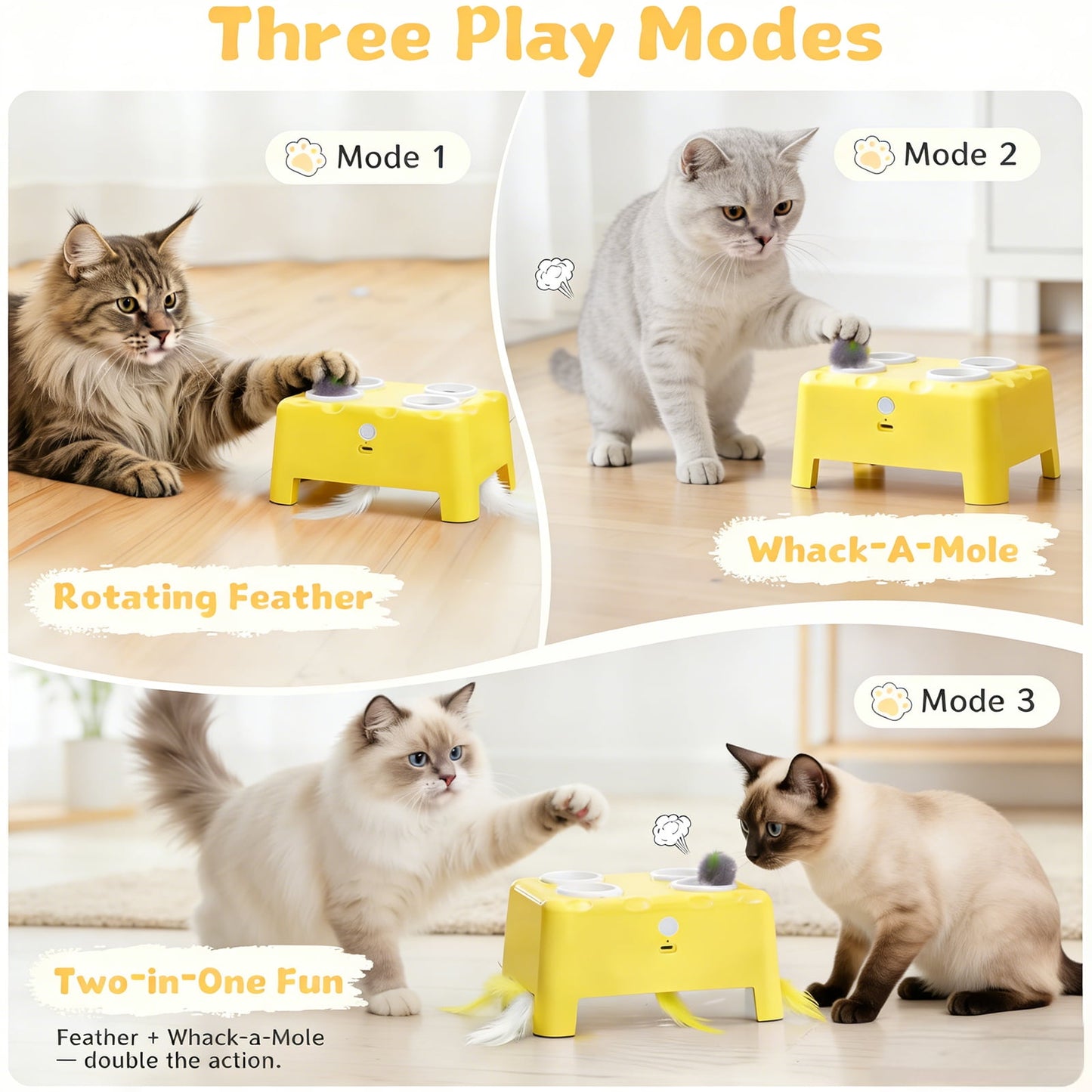 2-in-1 Automatic Interactive Cat Toy – 4-Hole Mole & Rotating Feather | USB Rechargeable Electronic Feather Toy for Indoor Adult Cats & Kittens, Relieves Boredom