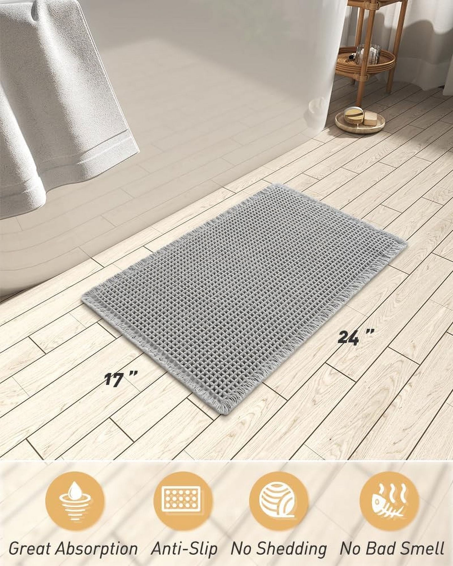 Waffle Bathroom Rugs,Absorbent Bath Mats for Bathroom Floor Boho Non Slip Bathroom Rug Washable Bathroom Rugs and Mats,Gray 17"*24"