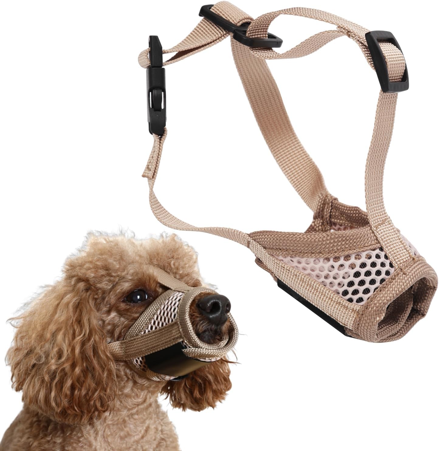 Dog Muzzle,Mesh Muzzles for Dogs, Soft Mouth Guard to Prevent Biting Chewing with Adjustable Head Strap, Perfect for Vet Visit,Khaki S