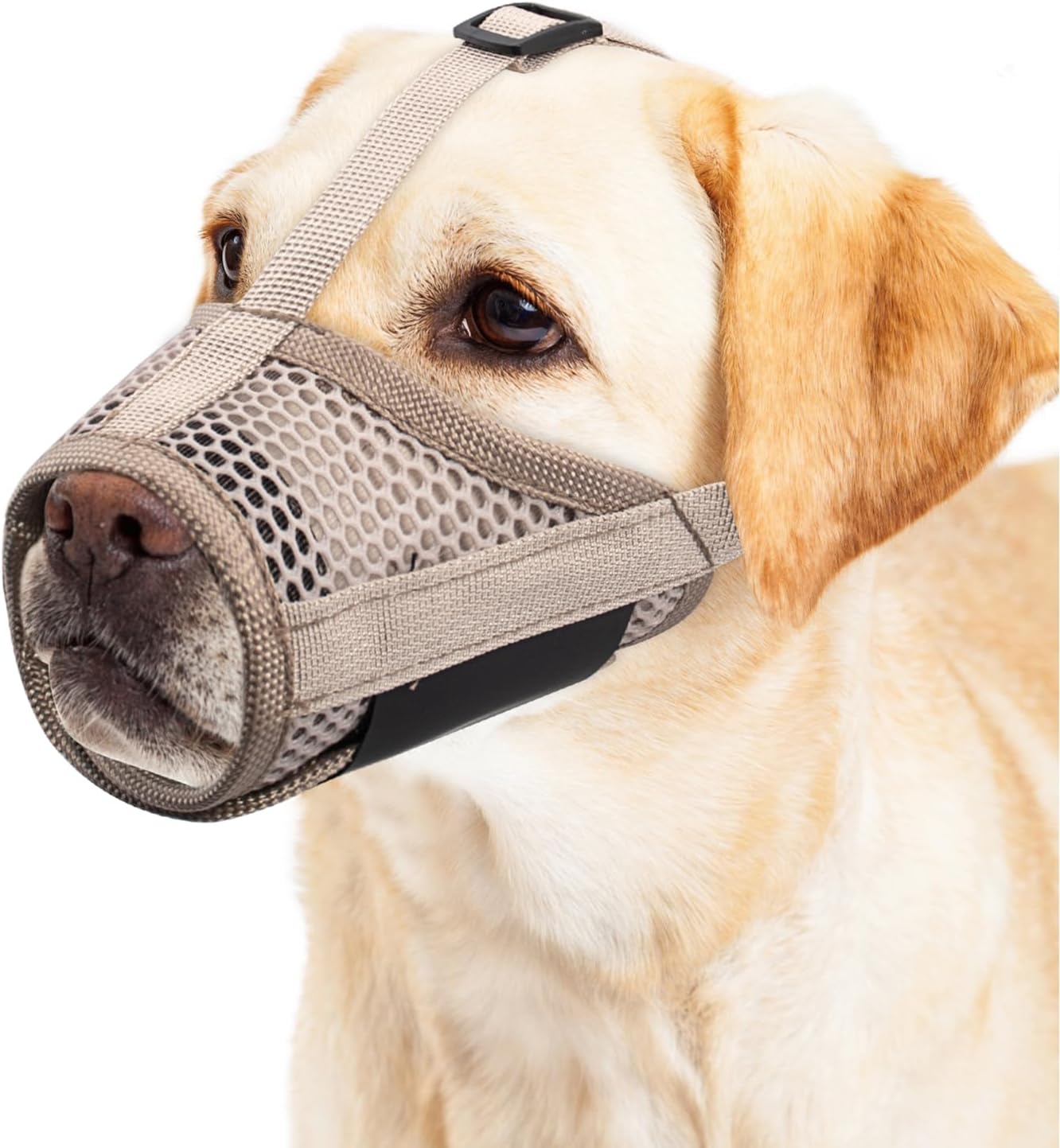 Dog Muzzle,Mesh Muzzles for Dogs, Soft Mouth Guard to Prevent Biting Chewing with Adjustable Head Strap, Perfect for Vet Visit,Khaki S