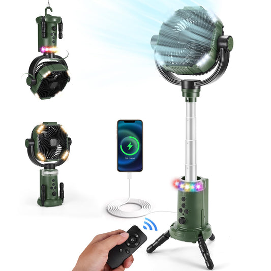 20000mAh Portable Fan Battery Operated Fan, Oscillating Charging Fan, Remote Control LED Light, Portable Extendable Fan for Camping Travel Outdoor