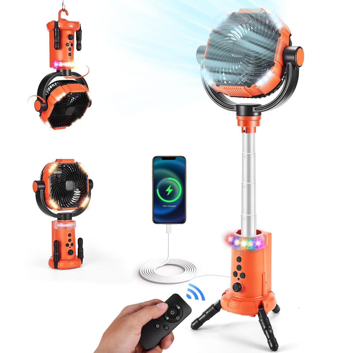 Ameitech Portable Fan - Wireless Battery Operated Fan, 20000MAH Battery, 360° Oscillating Rechargeable Fan, Remote Control & LED Lighting, Telescopic Camping Fan