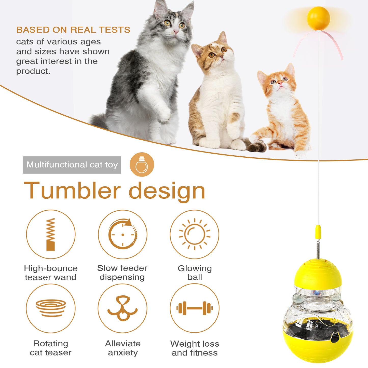 Interactive Cat Toys for Indoor Cats,Tumbler Toy for Kitten Tracking Balls Treat Dispenser for Bored Cat to Chase and Exercise-Yellow