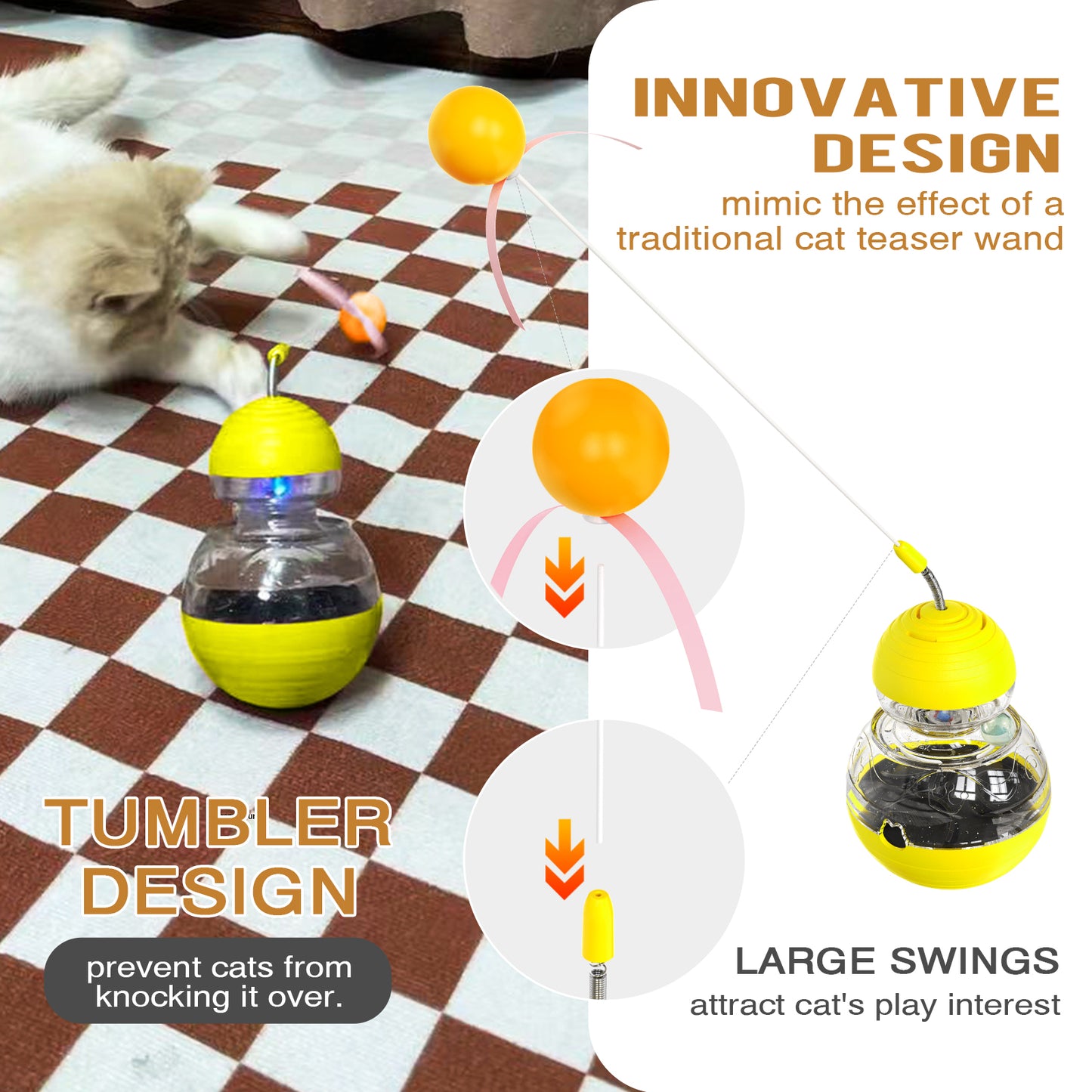 Interactive Cat Toys for Indoor Cats,Tumbler Toy for Kitten Tracking Balls Treat Dispenser for Bored Cat to Chase and Exercise-Yellow