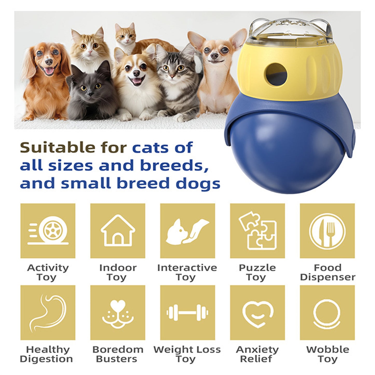 Cat Puzzle Ball for Cat&Mini Dogs Adjustable No-Tip Treat Dispensing Toys Food Dispenser Balls Cognitive Enrichment Toy Slow Feeding Interactive Mind Stimulating Game