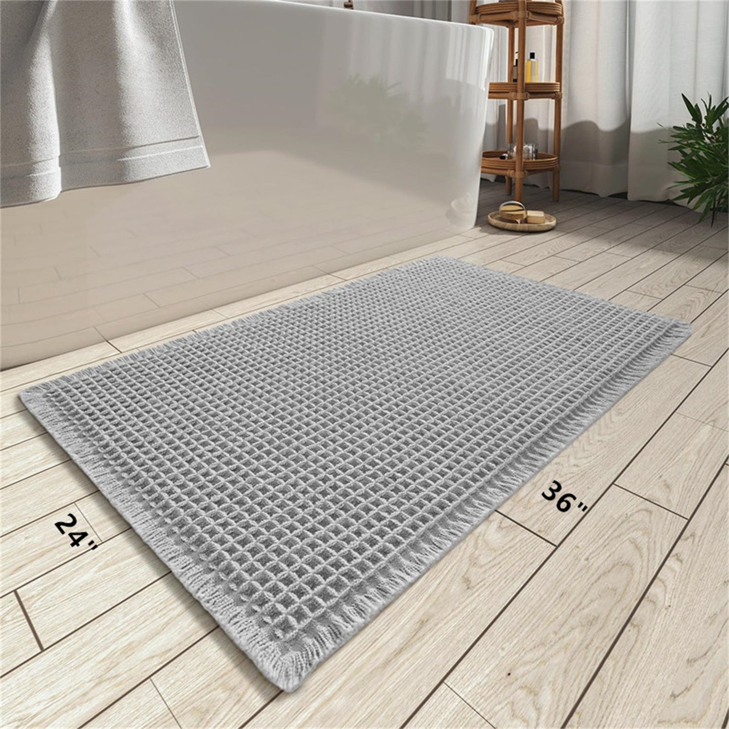 Waffle Bath Mat with Tassels,Absorbent Non Slip Bathroom Rug,Machine Washable Ultra Soft Floor Mats,Gray 24"*36"