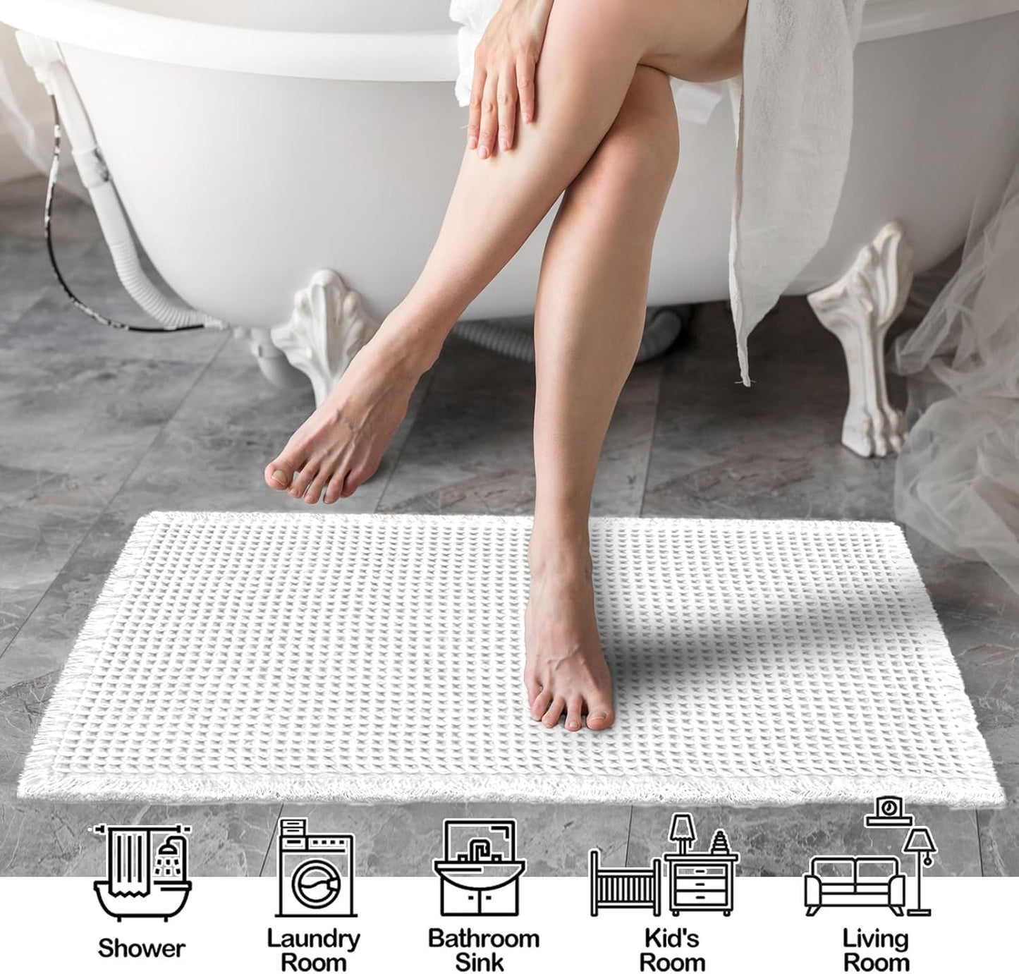 Waffle Bath Mat,Super Absorbent Non Slip Bathroom Rugs ,Machine Washable Floor Mats,White 17x24"