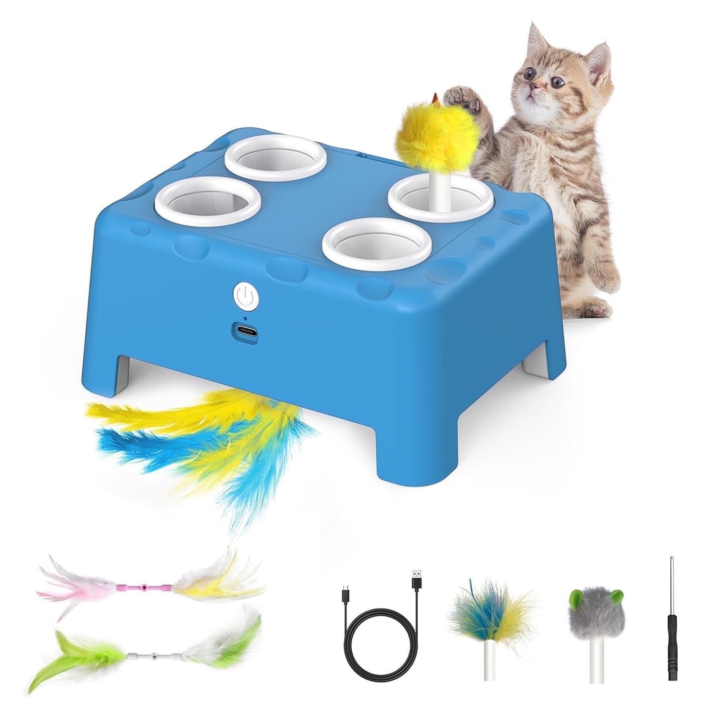 Cat Toys, Interactive Cat Toys, 2-in-1 Automatic Cat Toy, 4 Holes Mice Whack A Mole Cat Mouse Toy with Moving Feather, Portable USB Rechargeable Electronic Kitten Toys