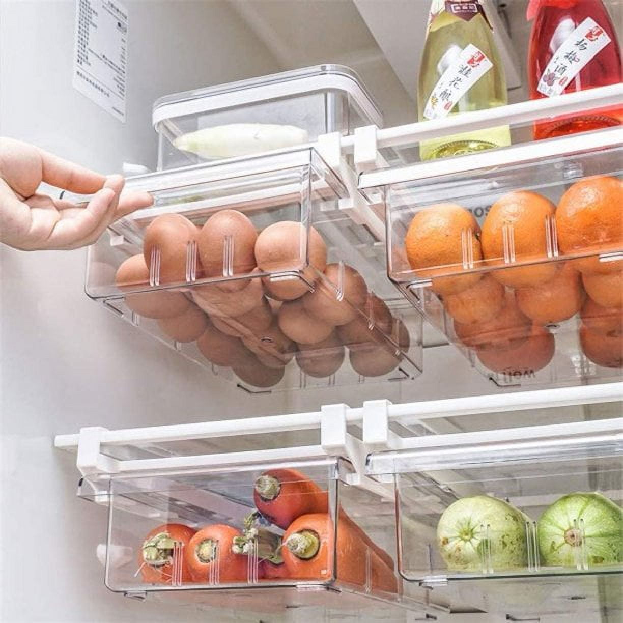 Fridge Drawer Organizer, Refrigerator Organizer Bins, Egg Holder Tray for Refrigerator，Pull Out with Handle, Fridge Shelf Holder Storage Box,Fridge Kitchen Cabinet Pantry for Food,Drinks