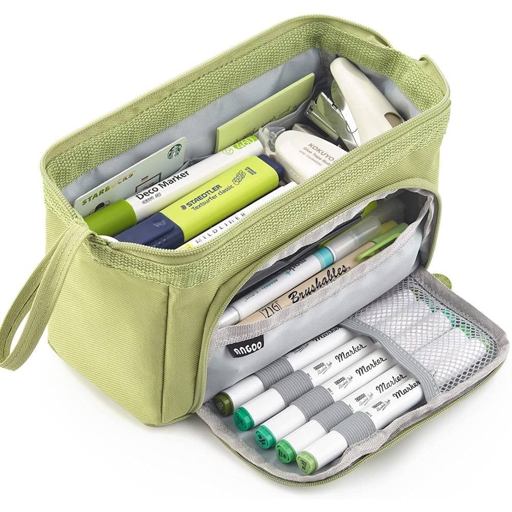 High Capacity Pencil Pen Case, Durable Pencil Bag Pouch Box Organizer Cases with Easy Grip Handle & Loop, Asthetic Supply for Girls Adults,Green
