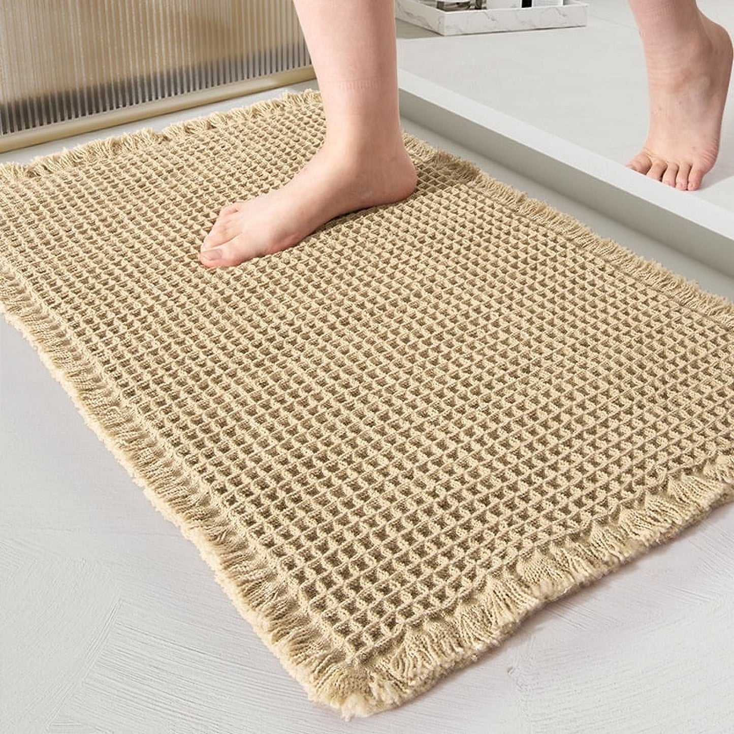 Waffle Bath Mat,Absorbent Non Slip Bathroom Rug,Khaki 24x36inch,Machine Washable Ultra Soft Floor Mats