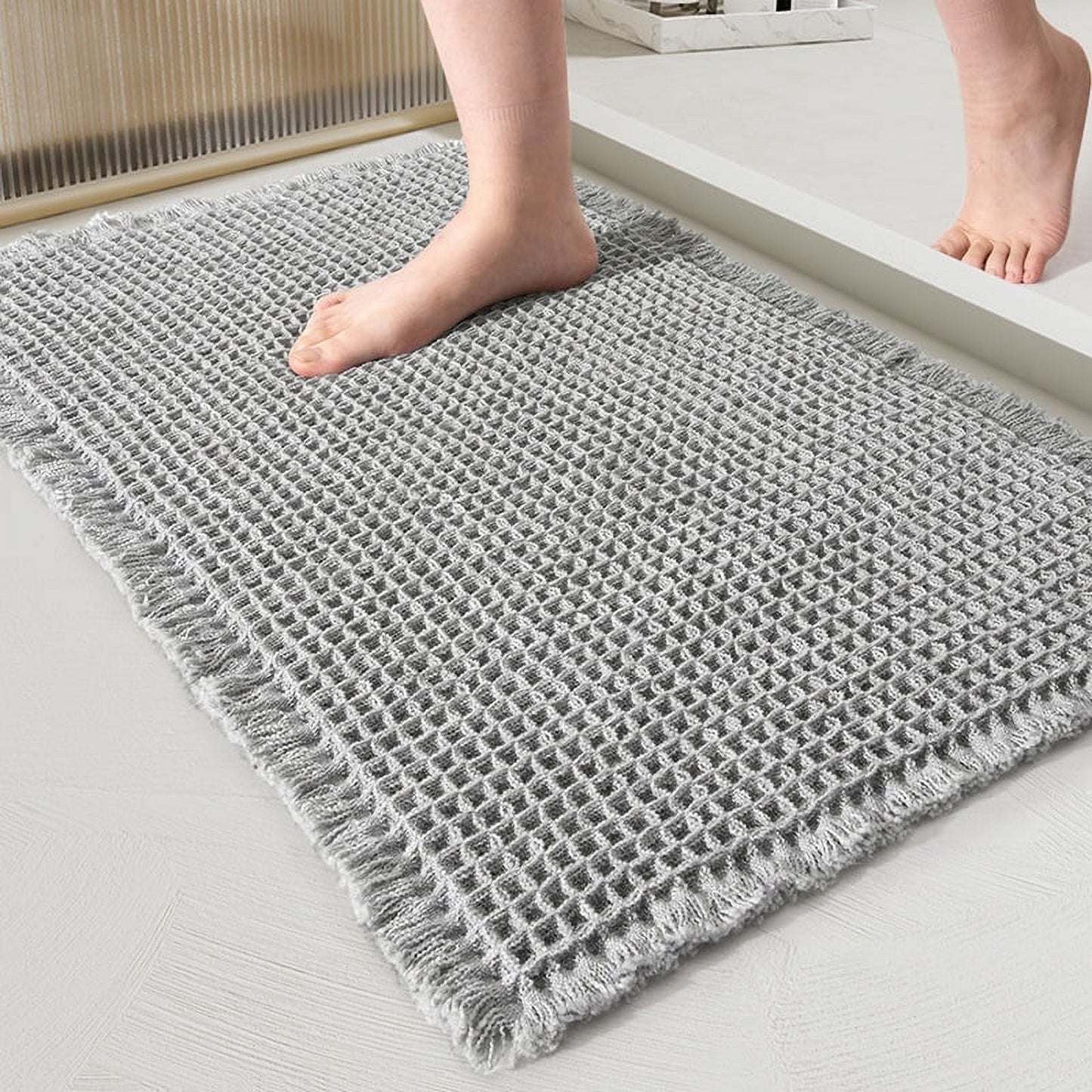Waffle Bathroom Rugs,Absorbent Bath Mats for Bathroom Floor Boho Non Slip Bathroom Rug Washable Bathroom Rugs and Mats,Gray 17"*24"