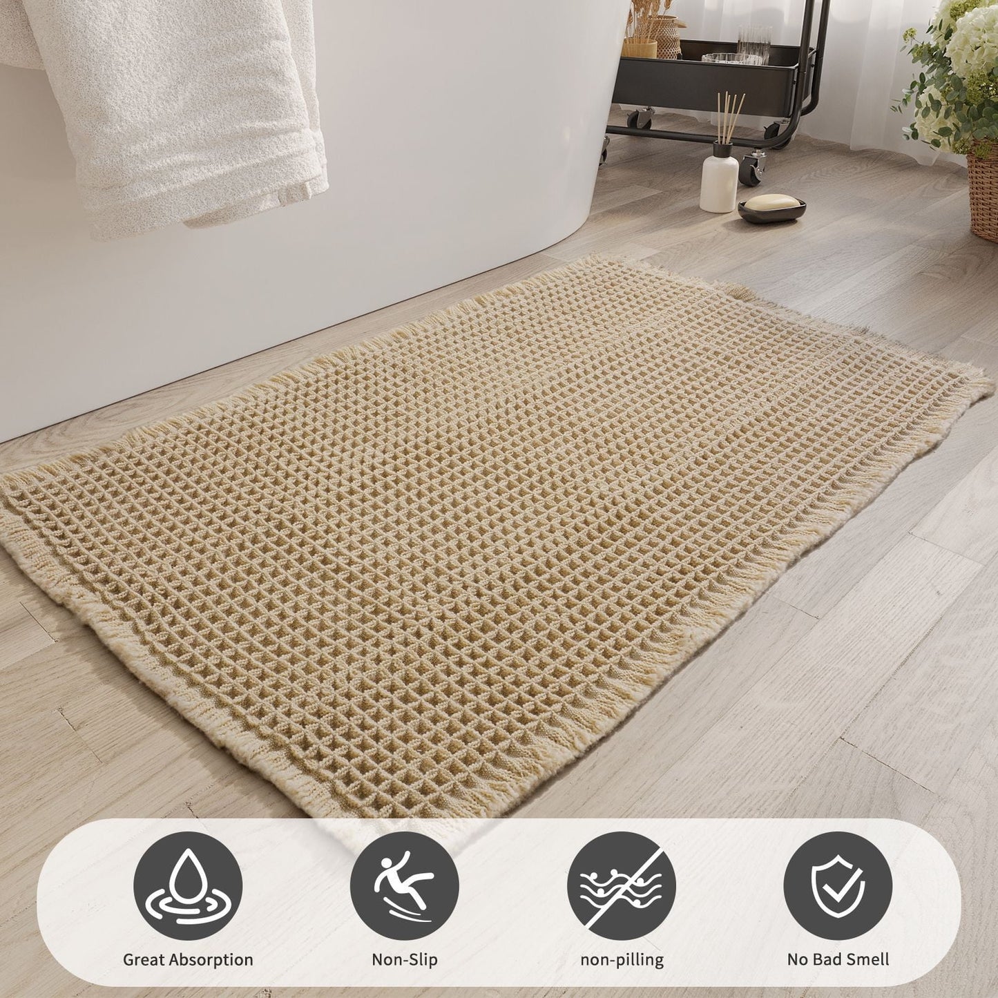 Waffle Bathroom Rugs,Soft and Absorbent Bath Mat, Machine Washable, Non-Slip Runner for Tub, Shower, and Floor, Home Decor Accessories,Khaki 18"*30"