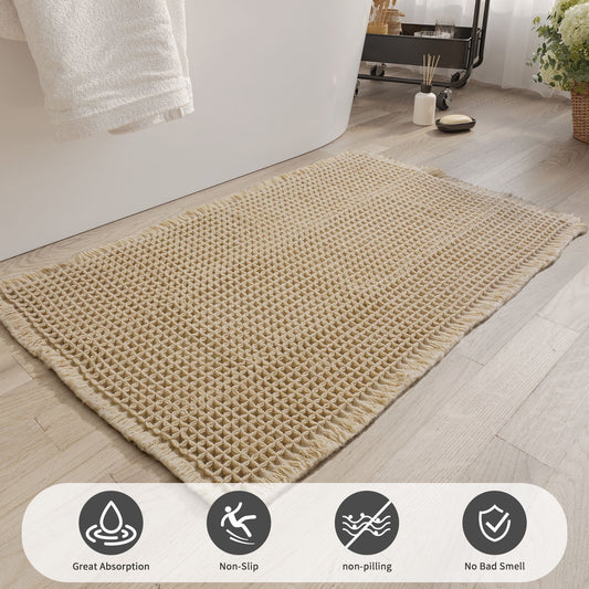 Waffle Bathroom Rugs,Soft and Absorbent Bath Mat, Machine Washable, Non-Slip Runner for Tub, Shower, and Floor, Home Decor Accessories,Khaki 18"*30"