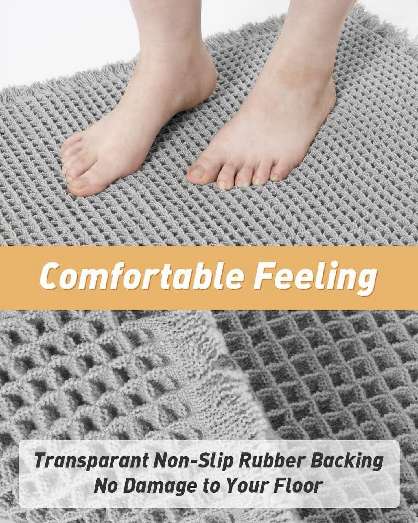 Waffle Bath Mat Rug, Super Absorbent Non Slip Bath Mats for Bathroom Mat ,Machine Washable Bathroom Rugs with Tassels, Bath Rugs for Bathroom Floor Beside Tub, Gray 18" x 30"