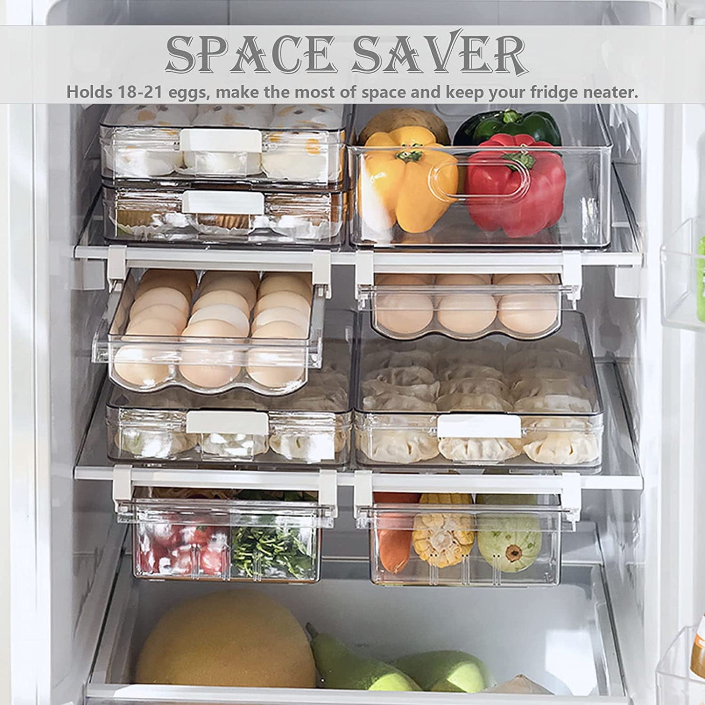 Fridge Drawer Organizer, Refrigerator Organizer Bins, Egg Holder Tray for Refrigerator，Pull Out with Handle, Fridge Shelf Holder Storage Box,Fridge Kitchen Cabinet Pantry for Food,Drinks