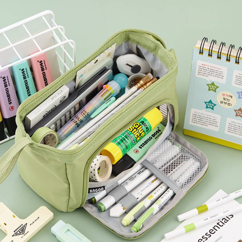 High Capacity Pencil Pen Case, Durable Pencil Bag Pouch Box Organizer Cases with Easy Grip Handle & Loop, Asthetic Supply for Girls Adults,Green