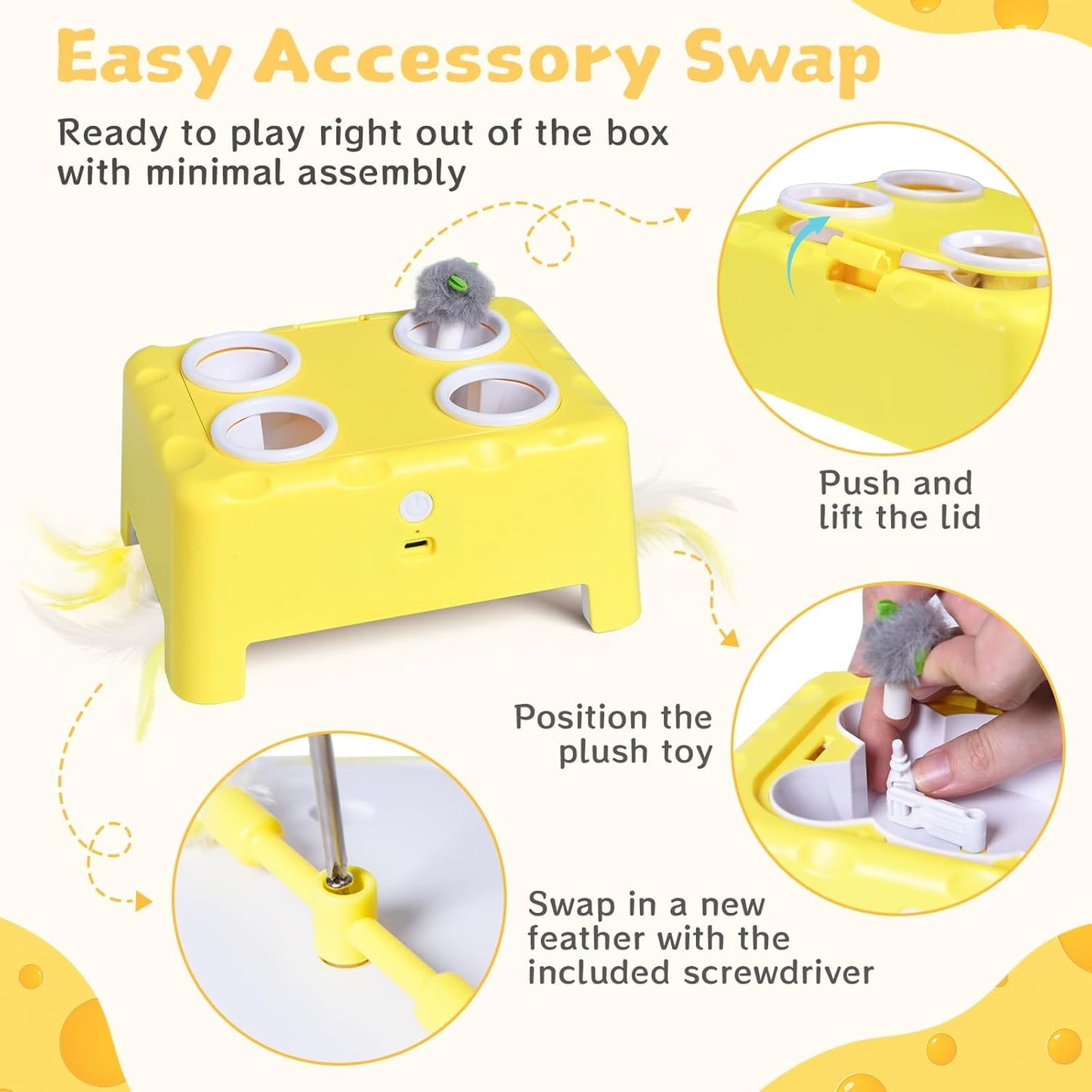 2-in-1 Automatic Interactive Cat Toy – 4-Hole Mole & Rotating Feather | USB Rechargeable Electronic Feather Toy for Indoor Adult Cats & Kittens, Relieves Boredom