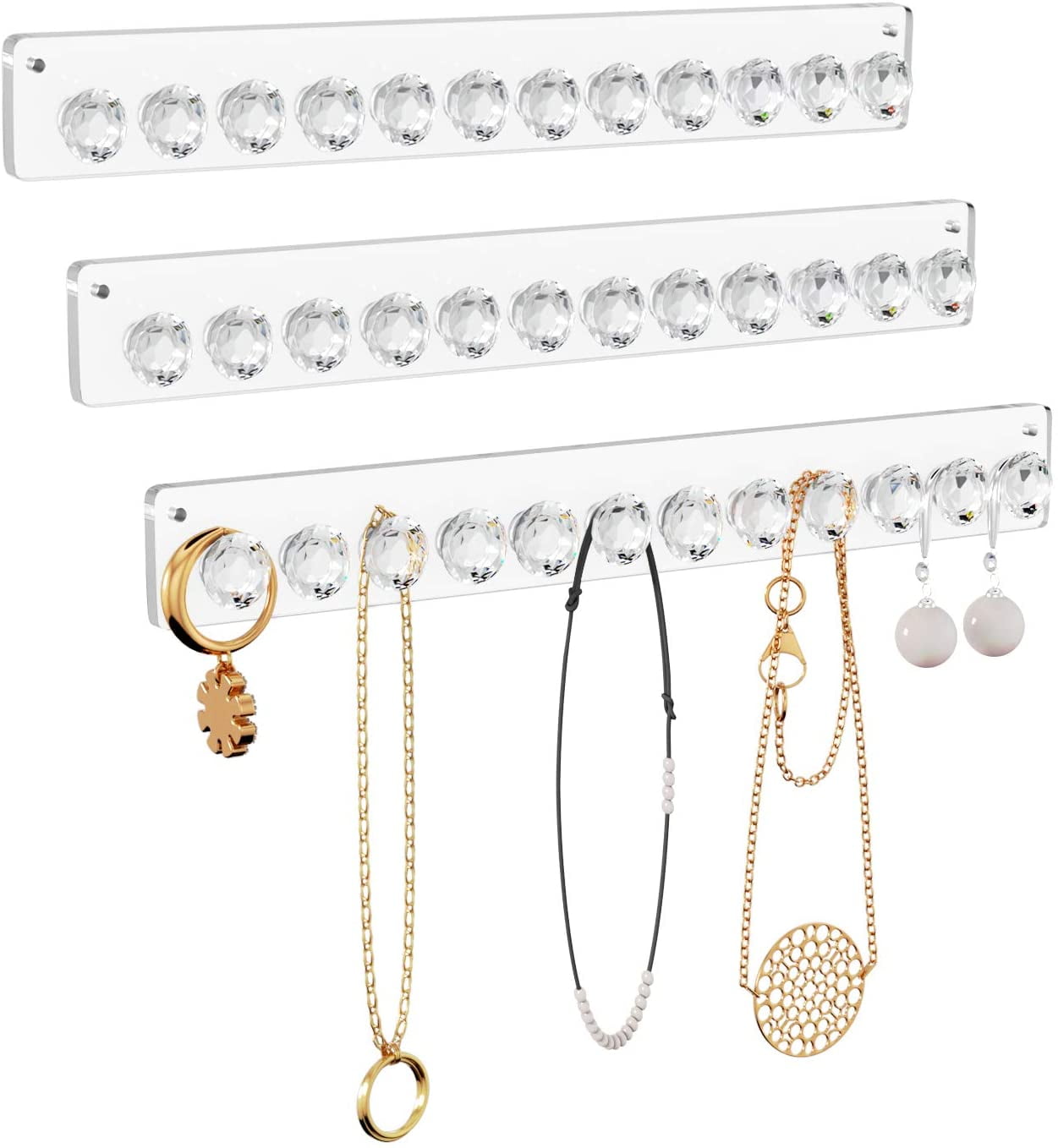 Acrylic Necklace Holder Set of 3, Wall Mounted Jewelry Organizer Hanging ,Clear Necklaces Hanger, Jewelry Hangers for Necklace, Bracelet, Gift for Girls Women